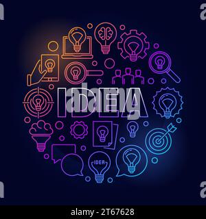 Idea round bright illustration. Vector colorful creative sign made with word IDEA and light bulb icons in thin line style on dark background Stock Vector