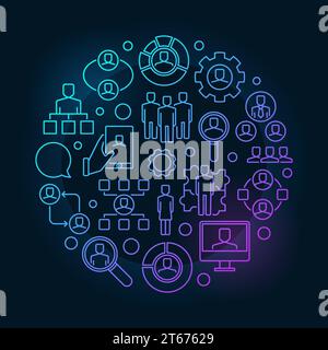 Human resources colorful linear illustration - vector HR concept circular sign in thin line style on dark background Stock Vector