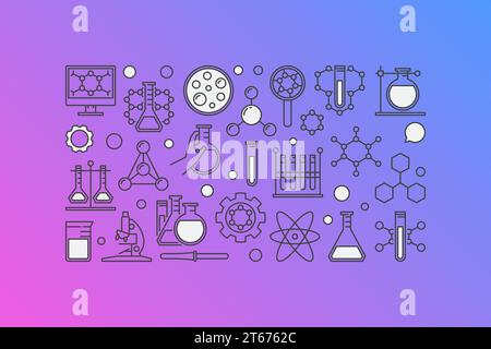 Chemistry colorful banner - vector illustration made with laboratory glass, test-tube and other chemical icons in thin line style Stock Vector