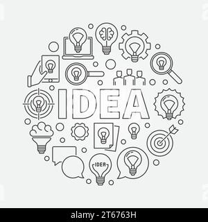 Idea round illustration. Vector creative sign made with word IDEA and light bulb icons in thin line style Stock Vector