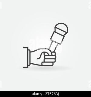 Hand holding microphone icon. Vector interview or news concept symbol or logo element in thin line style Stock Vector