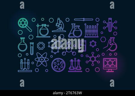 Chemistry lab illustration - vector colorful science and experiment modern background made with linear icons Stock Vector