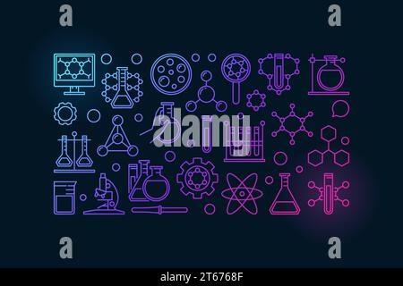 Colorful chemistry banner - vector illustration made with laboratory glass, test-tube and other chemical thin line icons on dark background Stock Vector