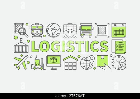 Logistics concept minimal illustration - vector creative banner made with word LOGISTICS and transportation linear icons on whtie background Stock Vector