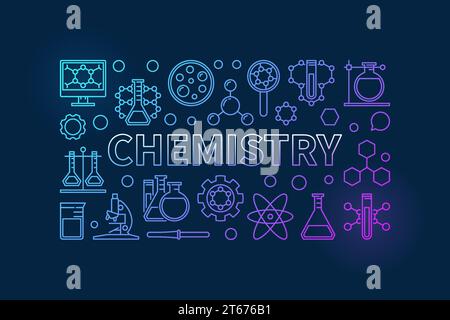 Chemistry outline background. Vector blue education and science illustration made with linear chemical icons and word CHEMISTRY on dark background Stock Vector