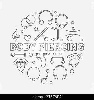 Body Piercing round vector illustration in thin line style made with cute piercings icons Stock Vector