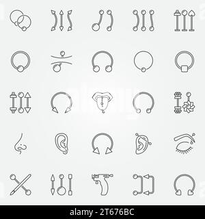 Body piercing icons set. Vector collection of piercings jewelry concept signs or design elements in thin line style Stock Vector