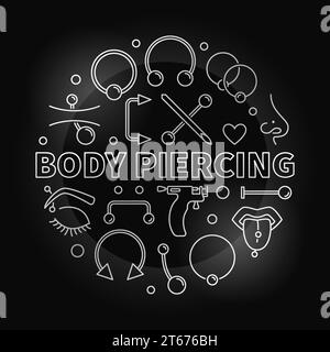 Body Piercing round vector silver illustration in outline style made with cute piercings icons on dark background Stock Vector