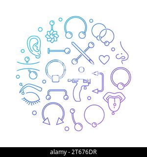 Colorful piercing vector round illustration made with outline piercings creative icons on white background Stock Vector