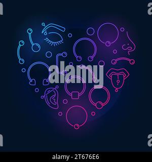 Colorful heart shape made of body jewelry and piercing creative thin line icons on dark background Stock Vector
