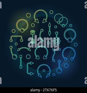 Body piercing colored circular vector illustration made of body jewelry outline icons on dark background Stock Vector