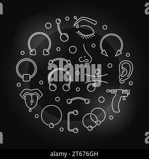 Piercing round silver vector illustration made with outline cute piercings icons on dark background Stock Vector
