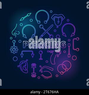 Colored piercing circular vector illustration in thin line style made with cute piercings icons on dark background Stock Vector