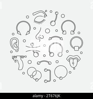 Piercing round concept vector illustration made with outline cute piercings icons Stock Vector