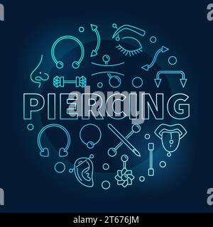 Piercing blue vector round illustration made with thin line piercings icons on dark background Stock Vector