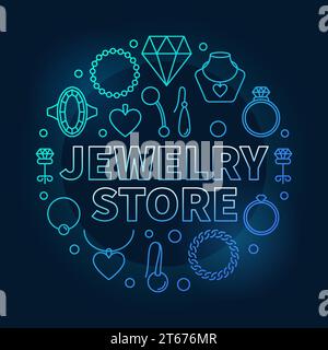 Jewelry store blue vector concept round illustration made with jewellery linear icons on dark background Stock Vector
