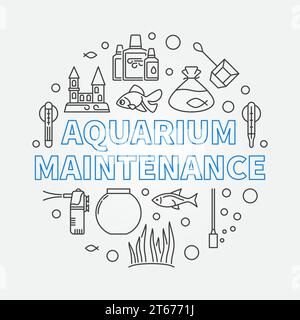 Aquarium maintenance vector round illustration made of aquarium accessories, fish tank, castle, heater and tropical fish outline icons Stock Vector