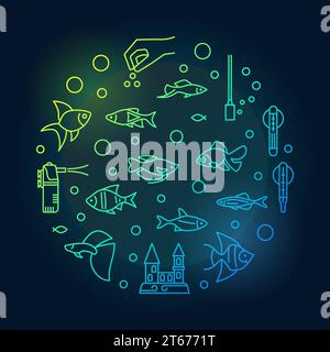 Fish Tank colored vector circular illustration made of aquarium equipment, feed, castle, heater and aquarium tropical fish outline icons on dark backg Stock Vector