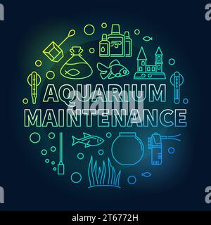 Aquarium maintenance vector colored round illustration made of aquarium accessories, fish tank, castle, heater and tropical fish outline icons on dark Stock Vector