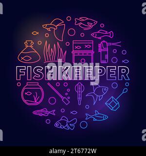 Fishkeeper vector colored round creative illustration in outline style made of equipment and tropical fish icons on dark background Stock Vector