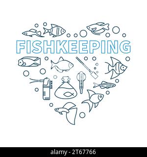 Fishkeeping vector minimal concept illustration in heart shape made of aquarium equipment and fish outline icons Stock Vector