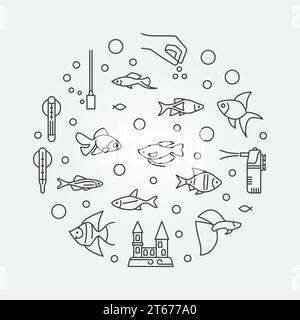 Fish Tank concept vector circular illustration made of aquarium equipment, feed, castle, heater and aquarium tropical fish outline icons Stock Vector