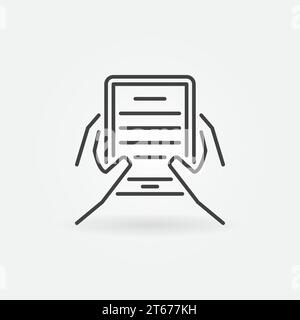 Hands holding ebook reader icon - vector reading concept symbol in thin line style Stock Vector