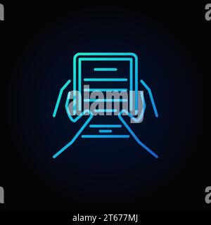 Hands with e-book reader blue icon. Vector reading linear symbol on dark background Stock Vector