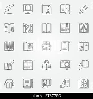 Literature icons set. Vector education and reading concept symbols in thin line style. Book outline signs or logo elements Stock Vector
