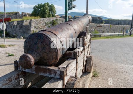 Old cast iron cannons by a Venetian fortress. Stock Photo