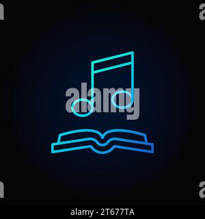 Musical note with open book blue icon. Vector audio-book concept outline symbol or logo element on dark background Stock Vector