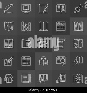 Literature outline icons - vector collection of reading and writing signs on dark background Stock Vector