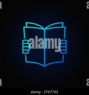 Hands holding a book blue line icon. Vector reading a book linear symbol on dark background Stock Vector