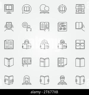 Reading icons vector set. Book reading concept signs or design elements in thin line style Stock Vector