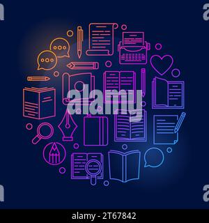 Colorful reading or literature circular illustration - vector round symbol made with book outline icons on dark background Stock Vector