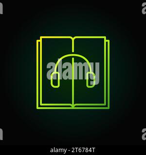Audiobook green outline icon. Vector open book with headphones outline symbol on dark background Stock Vector