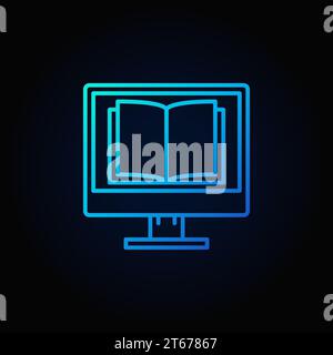 Computer screen with open book in center icon - vector colorful online book reading or learning symbol on dark background Stock Vector