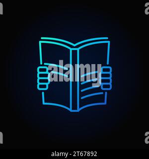 Vector book read blue icon. Hands holding book linear symbol on dark background Stock Vector