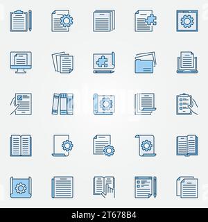 Technical documentation blue icons set - vector document and page with cogwheel creative symbols Stock Vector