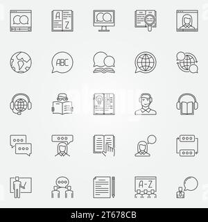 Language learning outline icons. Vector set of learning a foreign language concept signs in thin line style Stock Vector