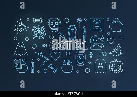 Oct 31 Holiday horizontal concept blue illustration. Vector Halloween poster or flyer made with thin line icons on dark background Stock Vector