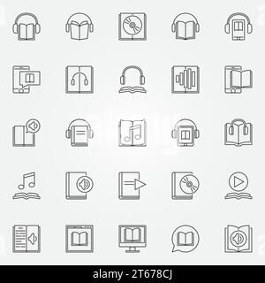 Audiobook icons set - vector collection of audio book and e-book concept symbols in thin line style Stock Vector