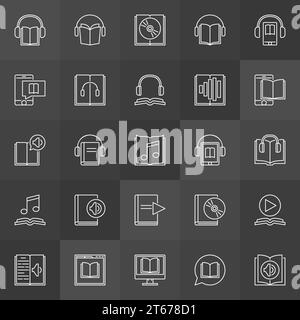 Audio book icons set - vector outline audiobooks and e-books signs on dark background Stock Vector