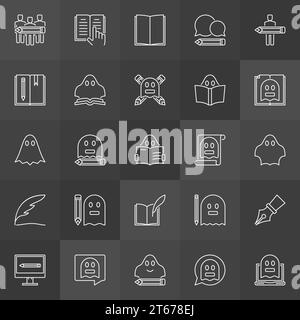 Ghost writing outline icons - vector minimal writing signs. Ghostwriter concept linear symbols on dark background Stock Vector