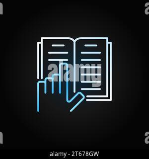 Hand with book line bright icon. Vector open book concept logo element in thin line style on dark background Stock Vector
