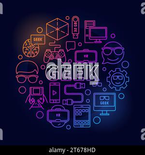 Linear colorful geek illustration. Vector round symbol in line style made with the word GEEK in center and gadget icons Stock Vector