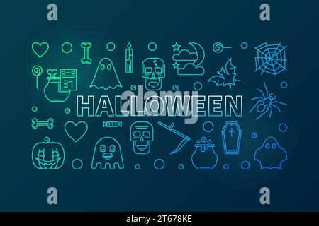 Halloween vector creative colorful horizontal banner or Holiday illustration in linear style on dark background Stock Vector