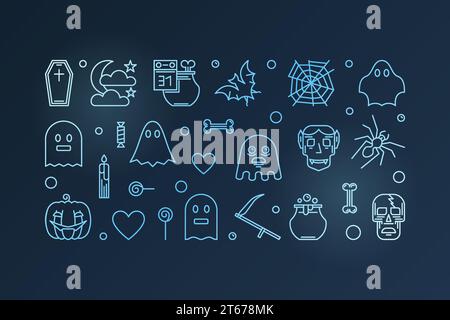 Halloween horizontal vector blue illustration or banner made with cute halloween outline icons on dark background Stock Vector