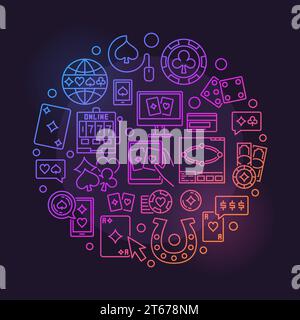 Online casino linear bright illustration - vector round concept symbol made with poker chips, cards, dice, card suits outline icons on dark background Stock Vector