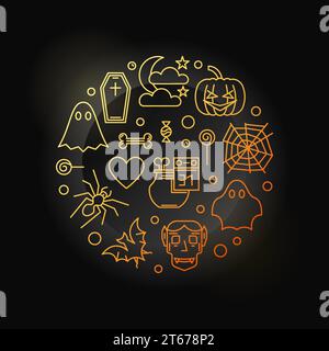 Halloween vector colored round illustration made with funny halloween linear icons on dark background Stock Vector